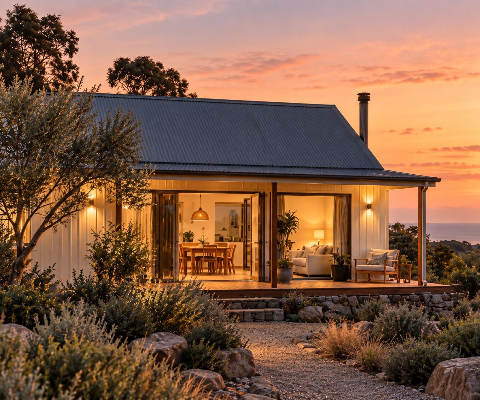 A contemporary Copper Coast home at dusk, lit from within