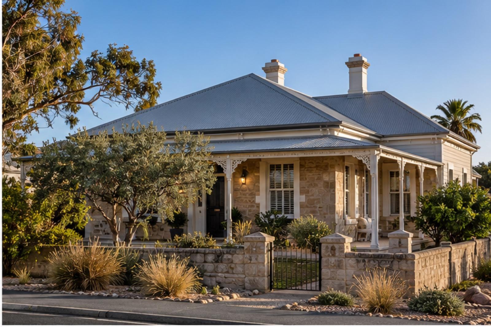 A heritage sandstone house on a Copper Coast street, with a wide verandah, iron lace brackets, two chimneys and a low stone fence, photographed in late afternoon light